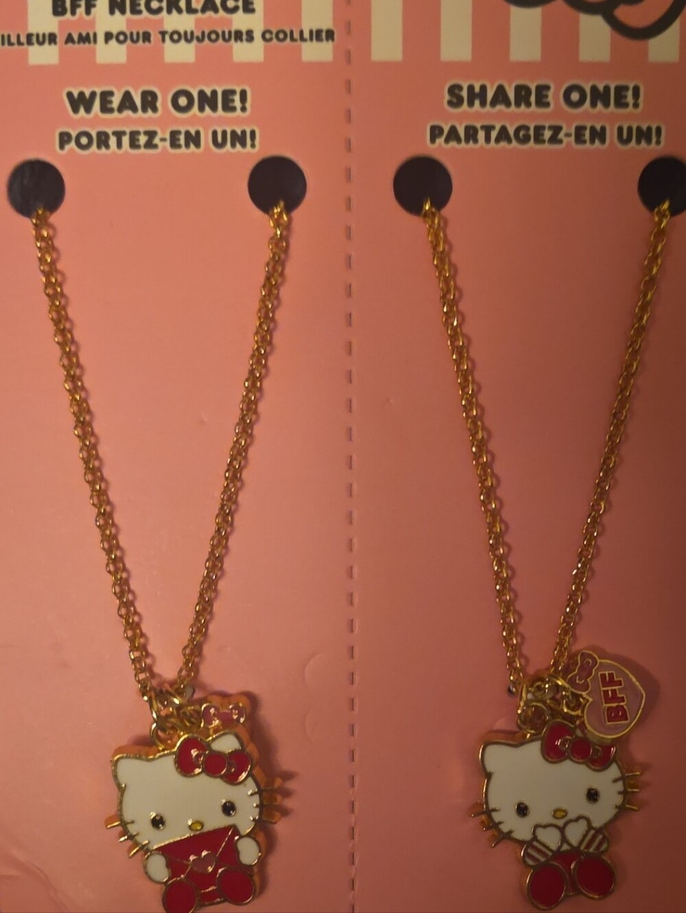 Hello Kitty Gold Tone Necklace BFF Set with White, Pink, & Red Enamel Charms Nwt